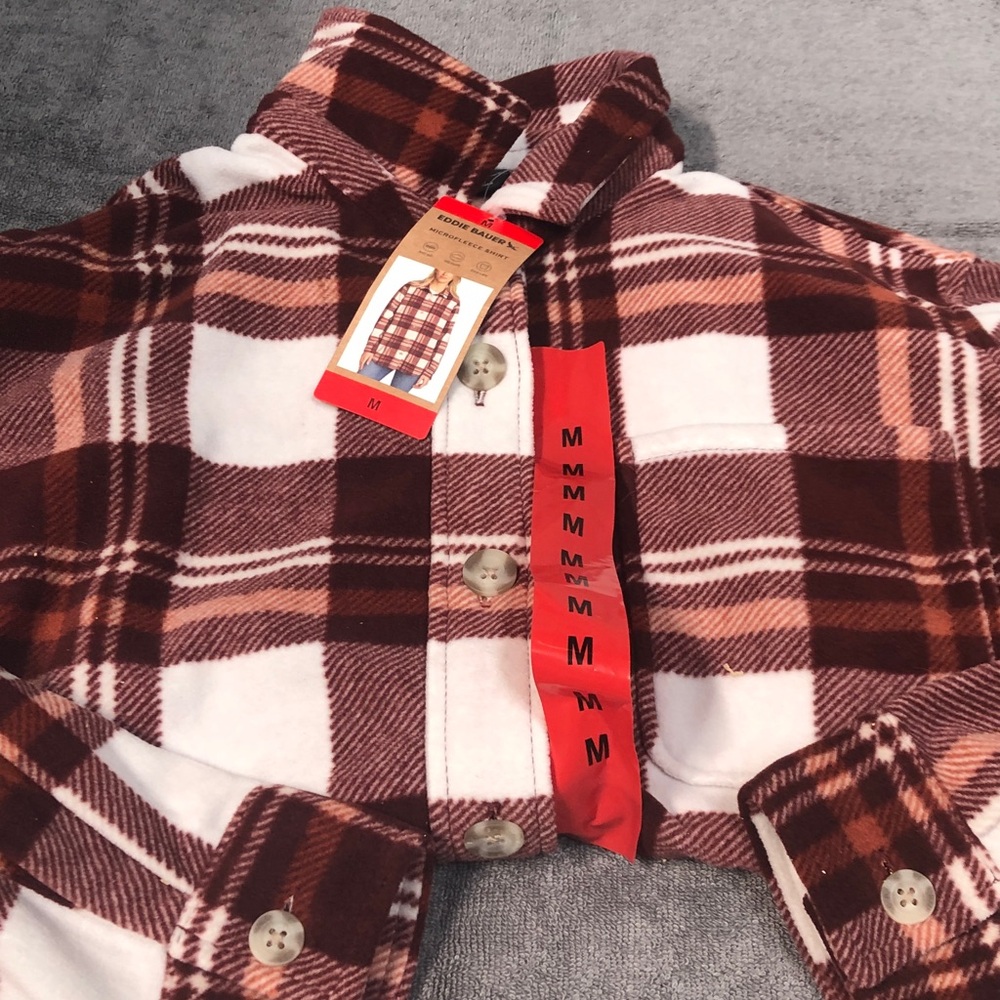 Women’s Eddie Bauer Brown and Cream Plaid Microfleece Shirt NWT